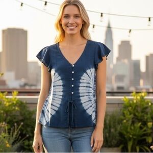Chaser Blue Tie Dye Blouse Top Tie Waist XS